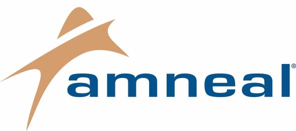 Amneal logo featuring a stylized tan swoosh above the blue lowercase word amneal on a white background.