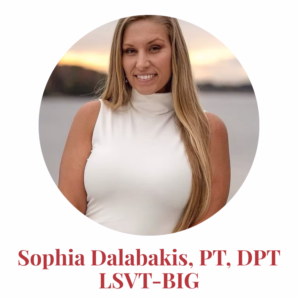 Woman with long blonde hair wearing a sleeveless white top, smiling outdoors. Text below reads: Sophia Dalabakis, PT, DPT LSVT-BIG.