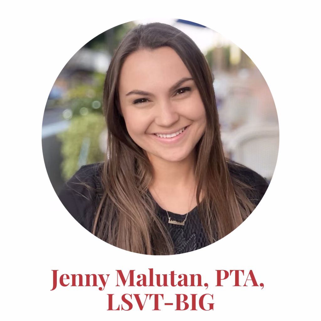 Smiling woman with long brown hair wearing a black top, photographed outdoors. Below the image, text reads: Jenny Malutan, PTA, LSVT-BIG.