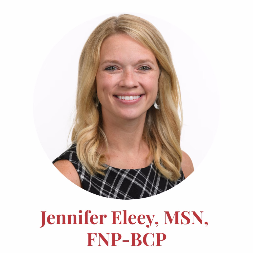 A woman with long blonde hair, wearing a black-and-white checkered dress, smiling at the camera. Below her is the text: Jennifer Eleey, MSN, FNP-BCP.