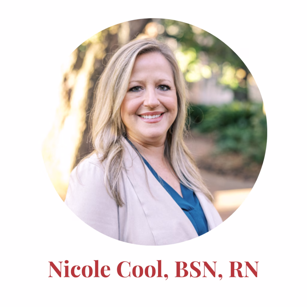 A woman with long blonde hair smiles outdoors, wearing a light blazer over a blue top. Below her photo is the text: Nicole Cool, BSN, RN..