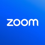 The image shows the Zoom logo with the word zoom in bold, white lowercase letters on a blue gradient background.