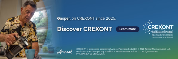 An older man pours coffee into a blue mug in a kitchen. White text reads, “Gasper, on CREXONT since 2025. Discover CREXONT. Learn more.” CREXONT logo and pharmaceutical information appear on the right.