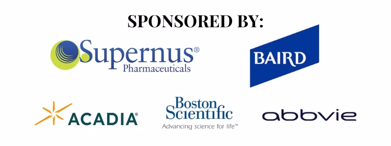 Image showing the text SPONSORED BY: above the logos of Supernus Pharmaceuticals, Baird, ACADIA, Boston Scientific, and AbbVie.