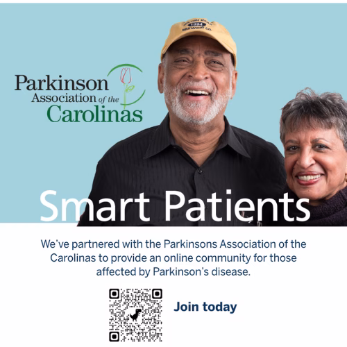 A smiling older man and woman stand together above text promoting the Parkinson Association of the Carolinas online community for people affected by Parkinson’s disease, with a QR code and Join today invitation.