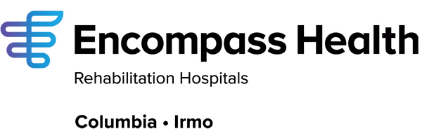 Encompass Health Rehabilitation Hospitals logo with locations listed as Columbia and Irmo. The logo features a blue and purple abstract design to the left of the company name in bold black text.
