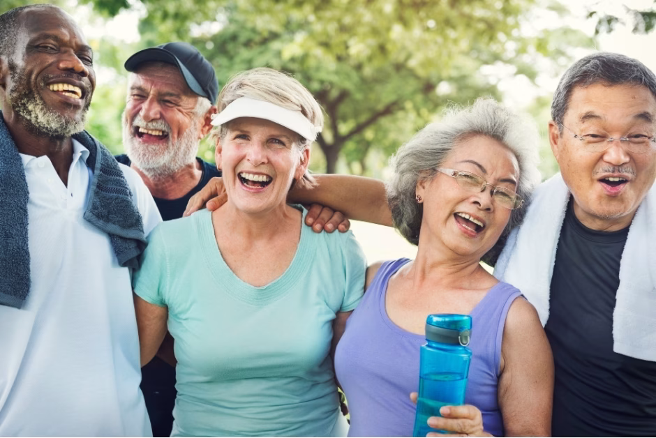 A diverse group of five older adults stand outdoors, smiling and laughing together. They wear casual athletic clothes, some with towels, and appear happy and energetic in a sunny, green park.