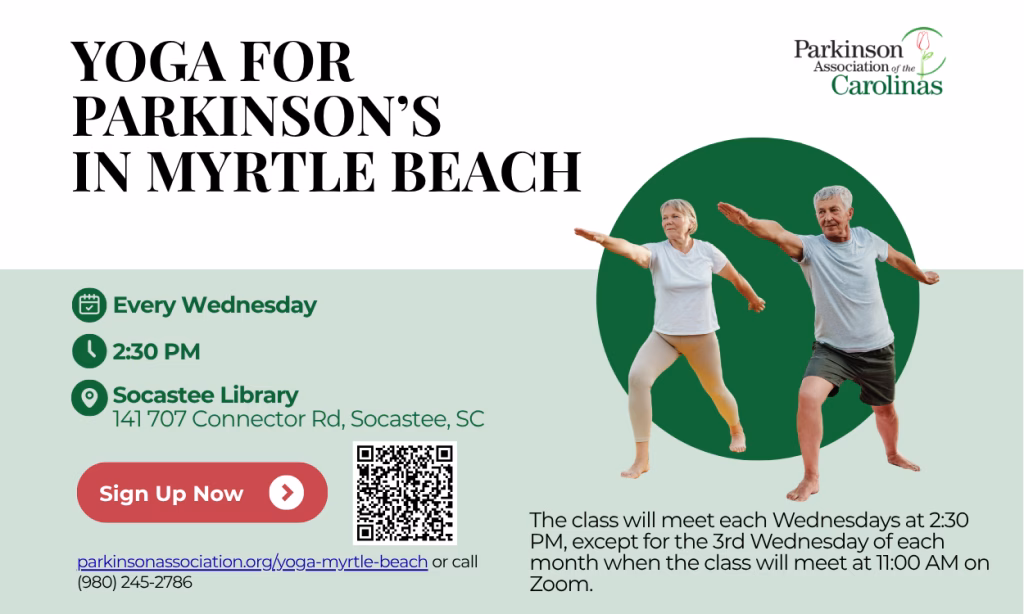 Flyer for Yoga for Parkinson’s in Myrtle Beach with two older adults doing yoga poses. Classes are every Wednesday at 2:30 PM at Socastee Library. Contact info and sign-up button included. Parkinson Association logo displayed.