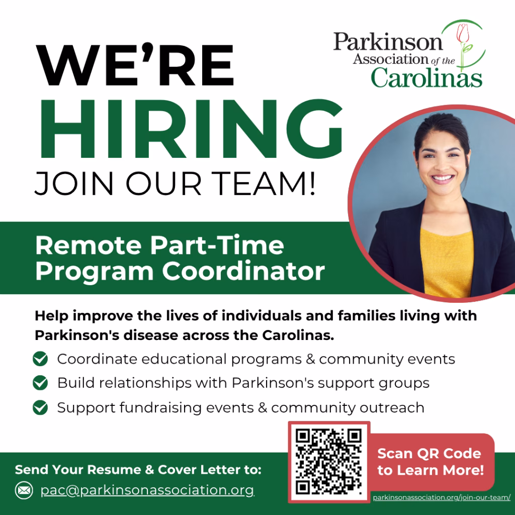 Were Hiring flyer for Parkinson Association of the Carolinas, seeking a Remote Part-Time Program Coordinator. Includes role details, contact email, website QR code, and a smiling woman in business attire.