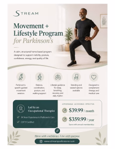 A smiling man does a lunge in a bright room. The flyer promotes a Parkinson’s movement and lifestyle program with guided sessions, expert support, and pricing details. Icons and text highlight program features and therapist credentials.