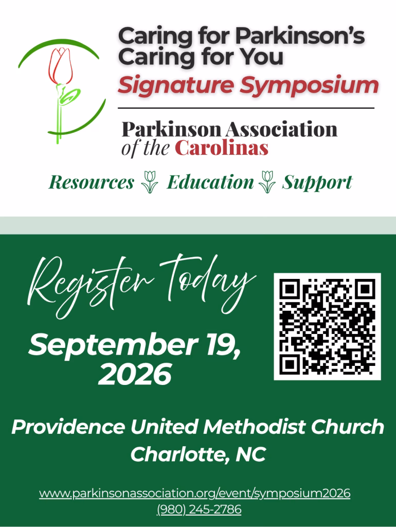 Flyer for Parkinson Association of the Carolinas’ Signature Symposium on September 19, 2026, at Providence United Methodist Church, Charlotte, NC. Includes QR code, website, and contact number for registration.