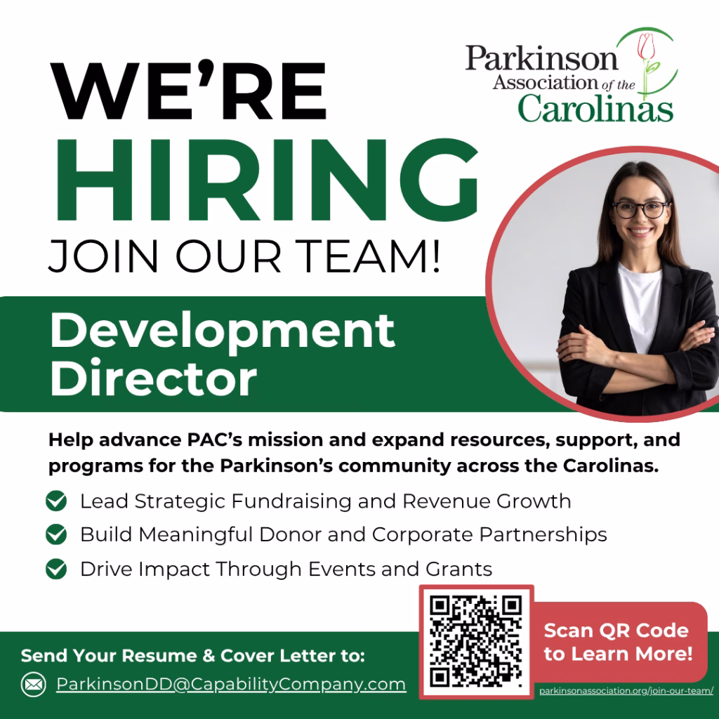 Job ad for Development Director at Parkinson Association of the Carolinas with a woman in glasses, bullet points on job duties, contact email, green color theme, and a QR code for more info.