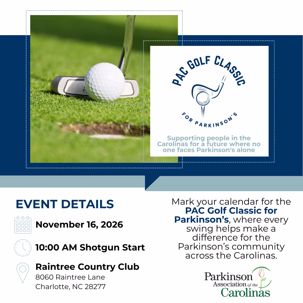 A close-up of a golf ball on a tee with a putter. Text announces the PAC Golf Classic for Parkinsons, with event details for November 16, 2026, at Raintree Country Club in Charlotte, NC.