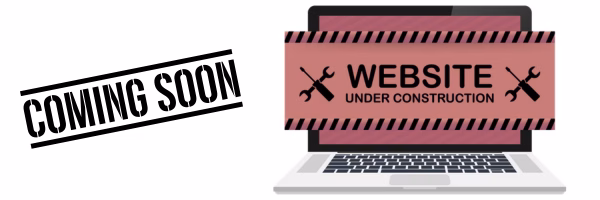 A laptop with a sign saying Website Under Construction and tools, next to bold text that reads Coming Soon..