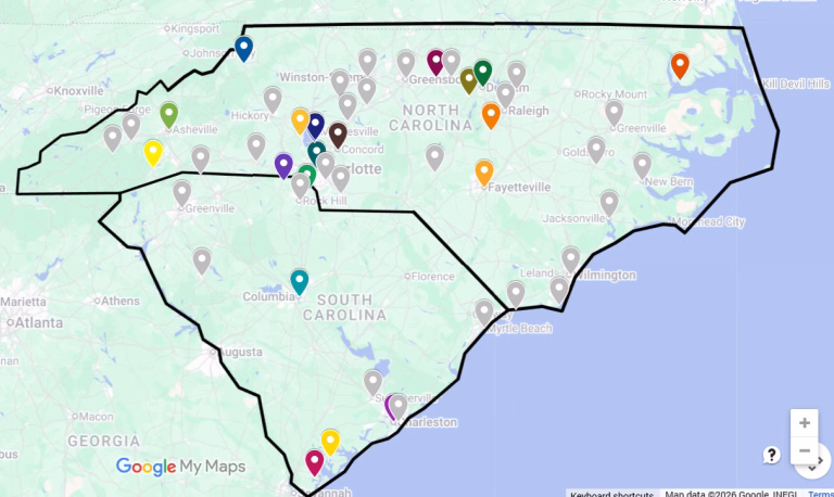 A map of North and South Carolina with colored location markers scattered across both states, indicating various points of interest or data points. The state borders are outlined in black.