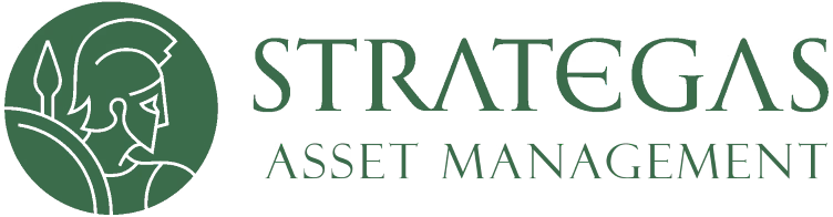 Green logo with a stylized helmeted warrior in a circle, next to the words STRATEGAS ASSET MANAGEMENT in uppercase serif font.